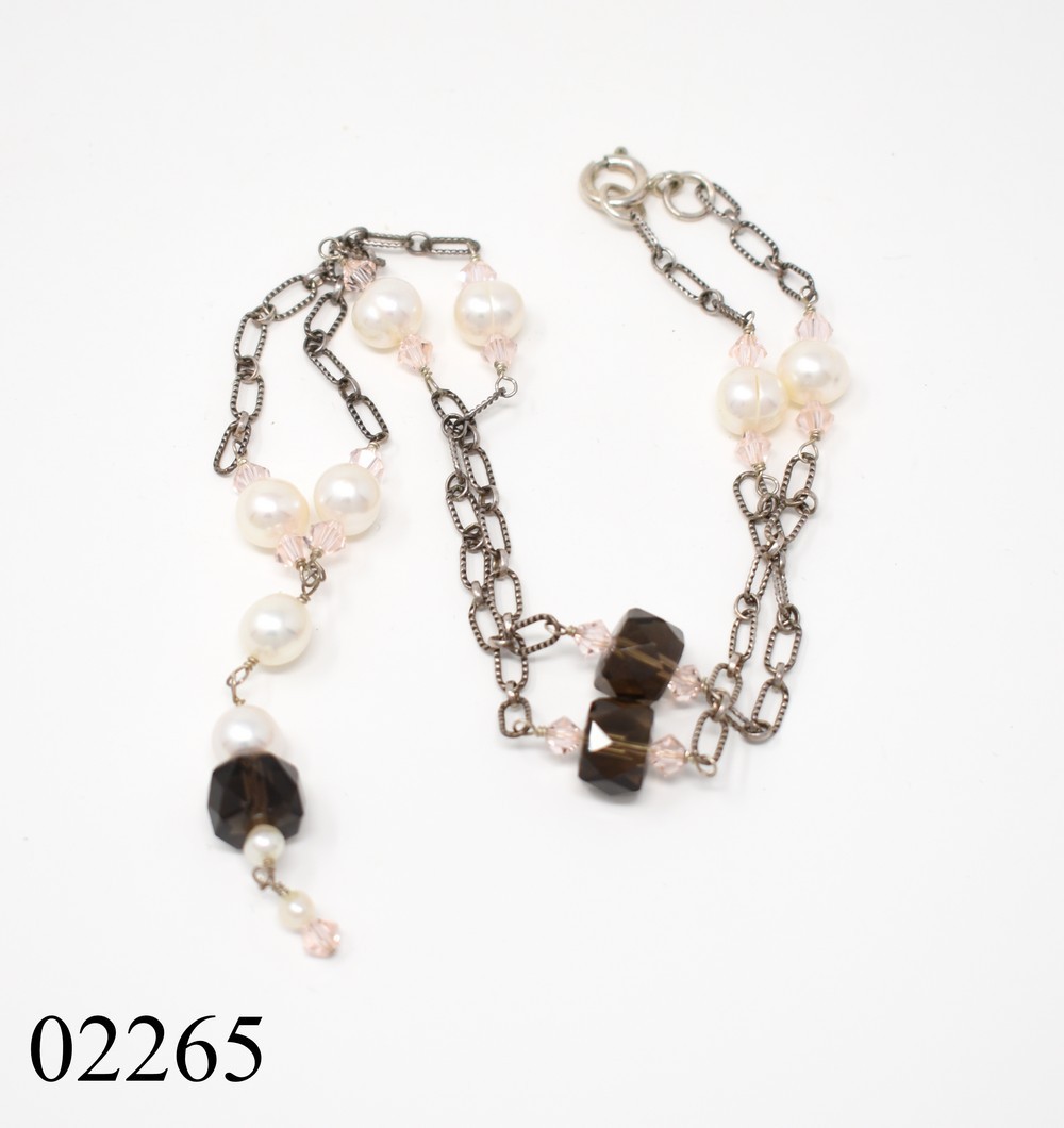 Sterling Silver Smoky & Pink Crystal & Ring Pearl Pendant Choker Chain Necklace