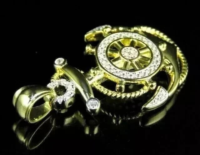 2.0 Ct Round Cut Lab-Created Diamond Men’s Anchor Pendant 14k Yellow Gold Plated