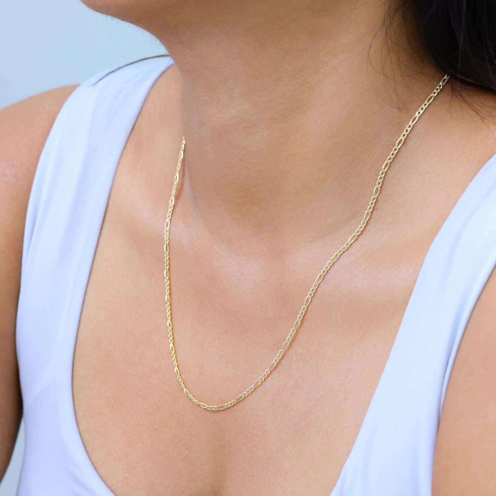 10K Yellow Gold 2mm Diamond Cut White Pave Figaro Chain Link Necklace 16″- 24″
