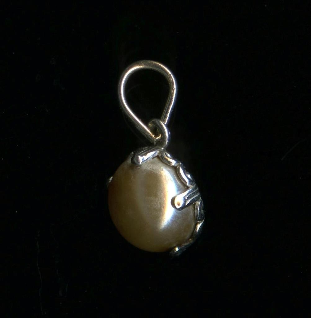 10K Solid White Gold 7mm Round Bead Cream White Pearl Solitaire Pendant *WS