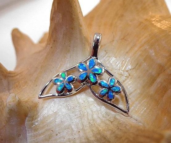 23.5MM SOLID 925 SILVER INLAID OPAL HAWAIIAN PLUMERIA WHALE TAIL SLIDE PENDNANT