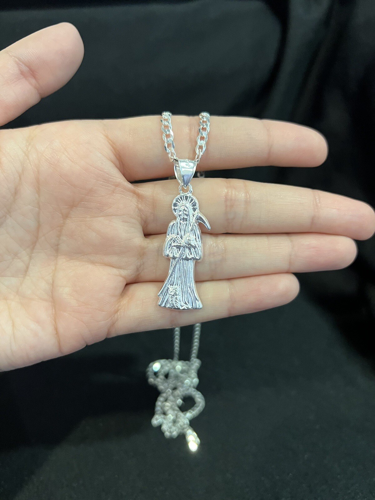 .925 Sterling Silver Womens Small Santa Muerte Grim Reaper & Curb Chain 20 24 30
