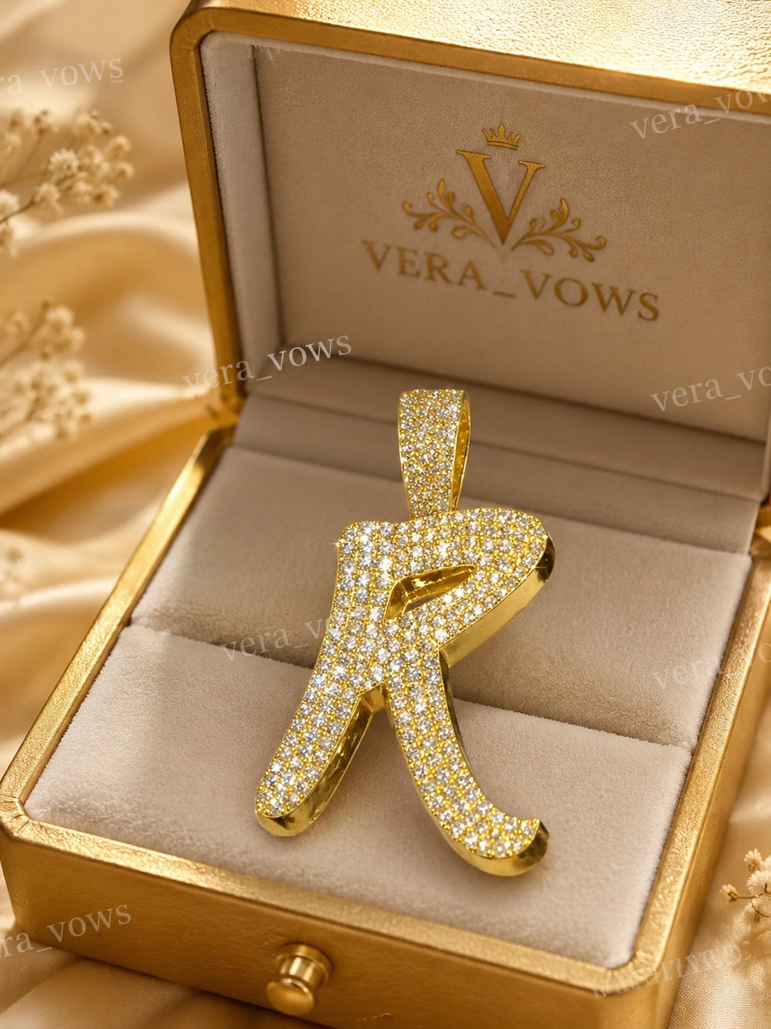 R Initial Pendant 14K Yellow Gold Plated 1.50 Ct Round Lab-Created Moissanite