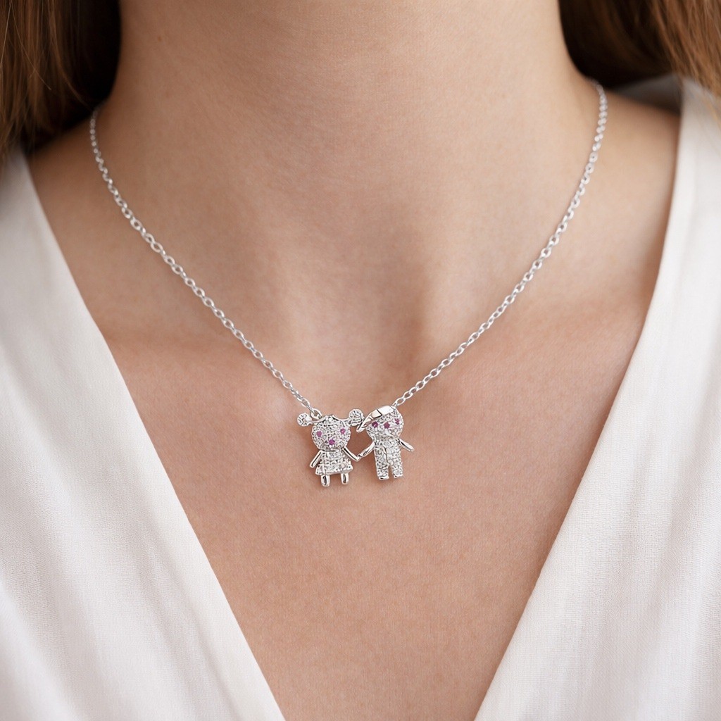 Sterling Silver 0.51 ct GRA Moissanite Boy & Girl Pendant Necklace Pave’ Set