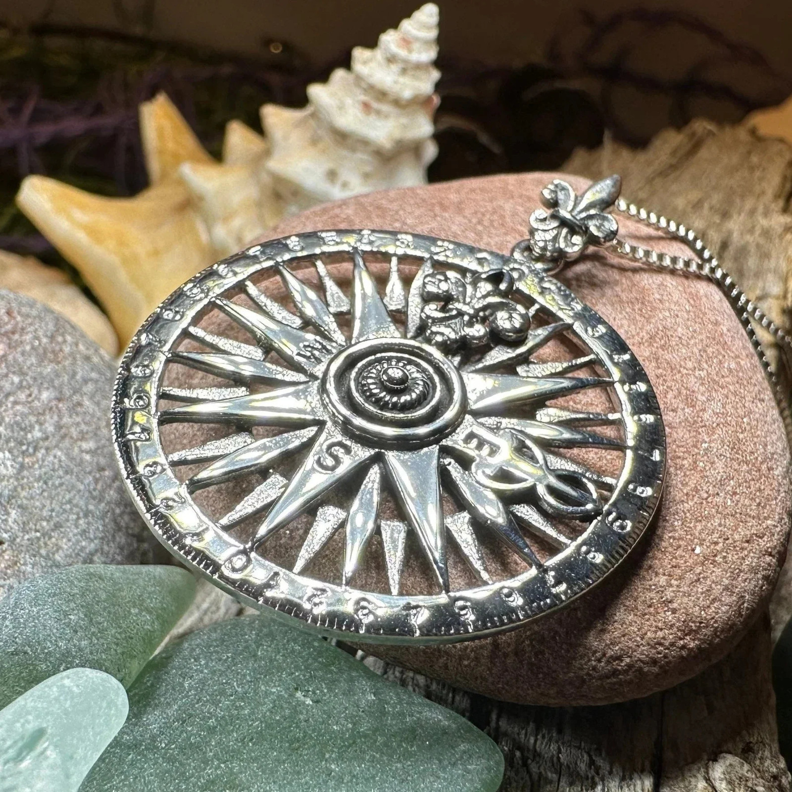 Compass Necklace Sterling Silver Fleur de Lis 925 Pendant Nautical Beach W/CHAIN