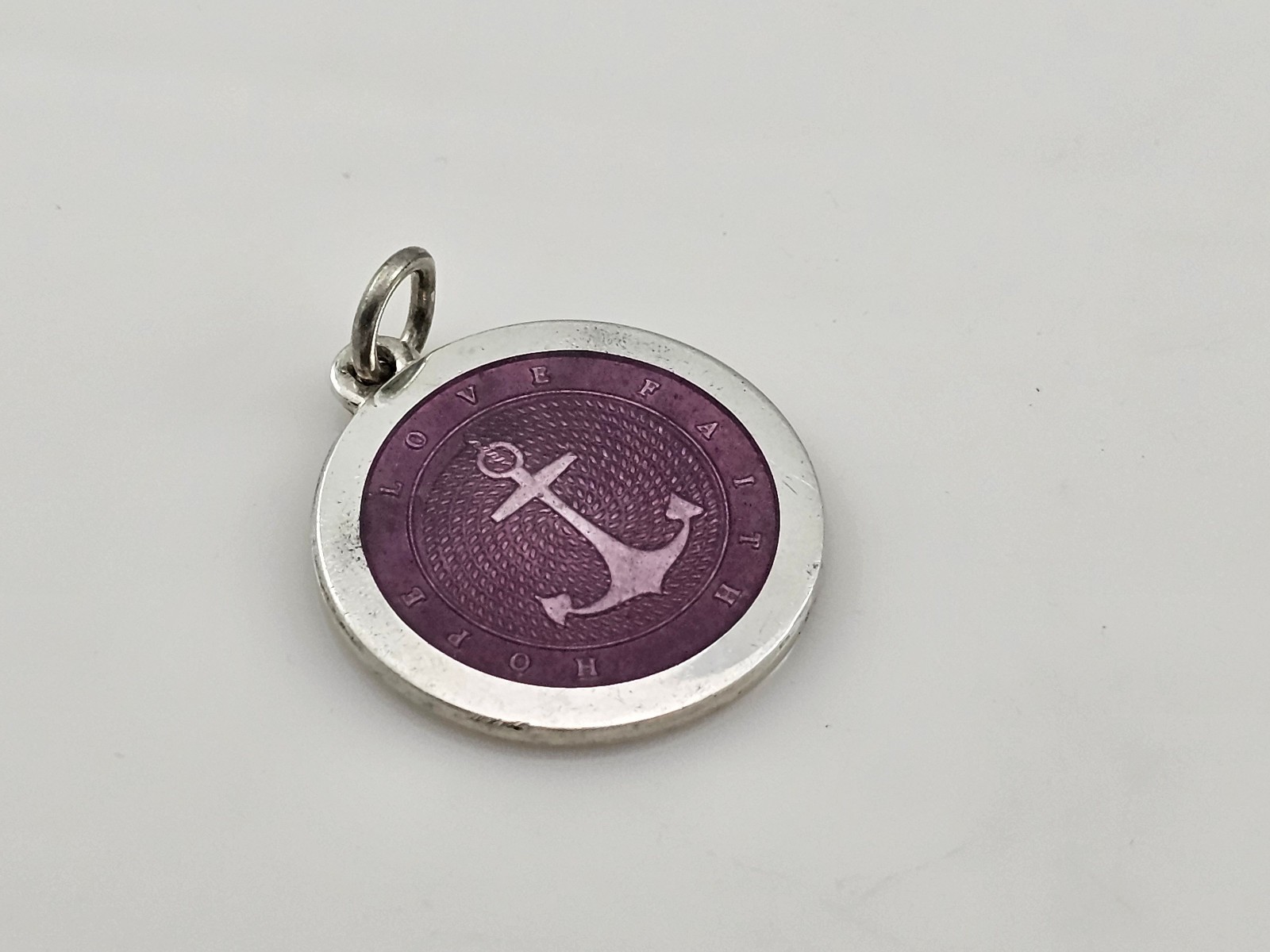 Anchor Hope Love Faith Lavender Enamel 925 Sterling Silver Medal Pendant 27mm