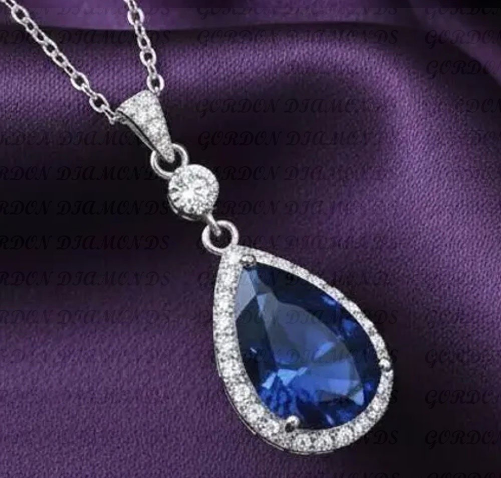 7Ct Pear Cut Natural Blue Sapphire & Diamond Pendant 18k White Gold Plated