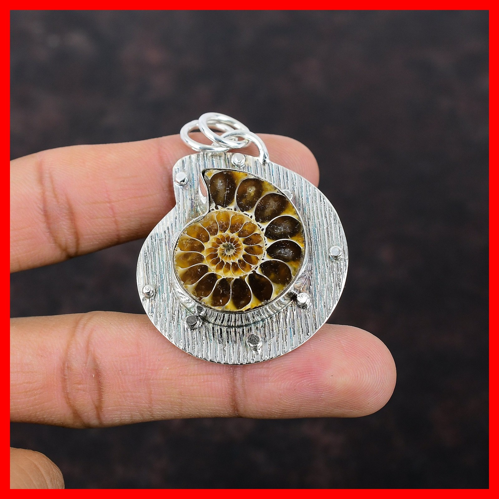 925 Sterling Silver Pear Ammonite Fossil Gemstone Handmade Anniversary Pendant