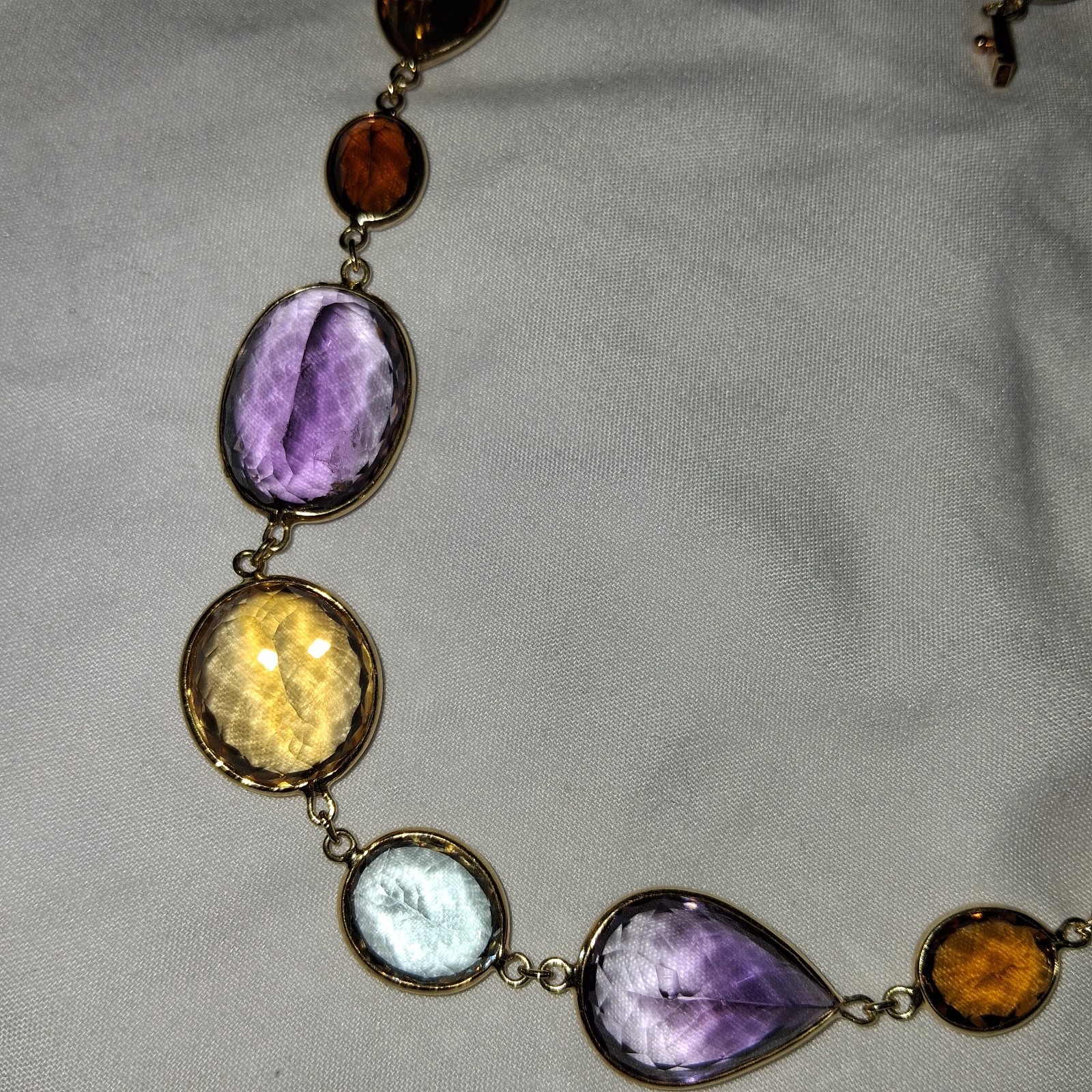 18k Yellow Gold multi color shape stone long necklace