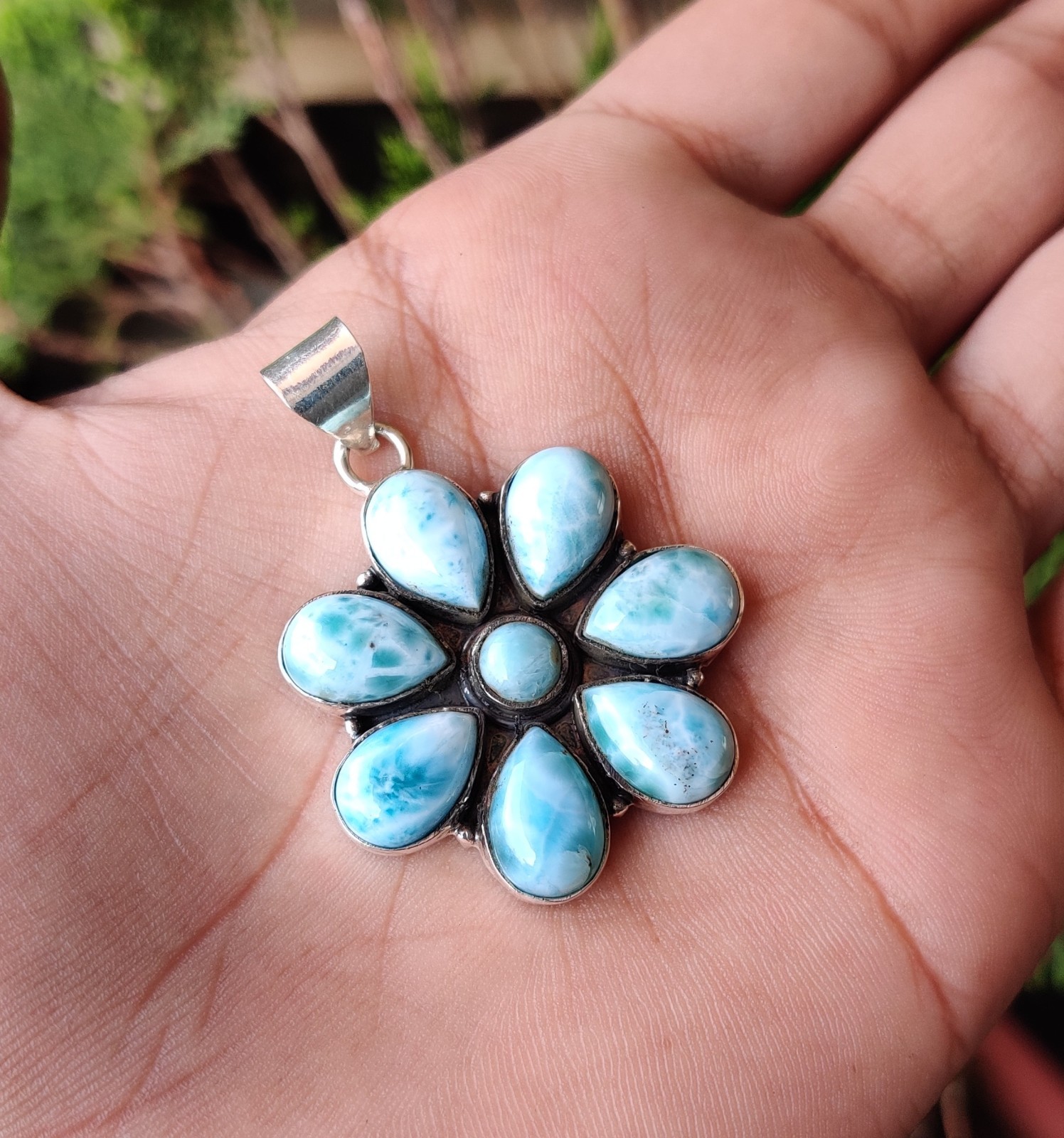 Rose Flower Larimar Gemstone Pendant 925 Sterling Silver Beautiful Pendant MK*