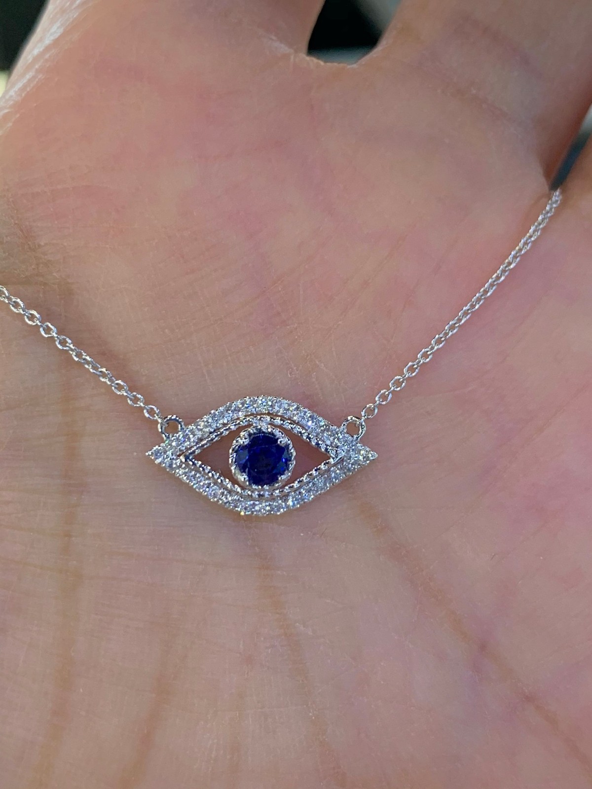 0.18Ct Round Cut Lab-Created Sapphire Evil Eye Pendant 14K White Gold Plated 18″
