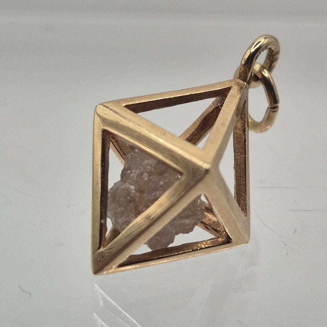 Vintage 14K Yellow Gold Rough Uncut Grey Diamond In Geometric Cage Pendant
