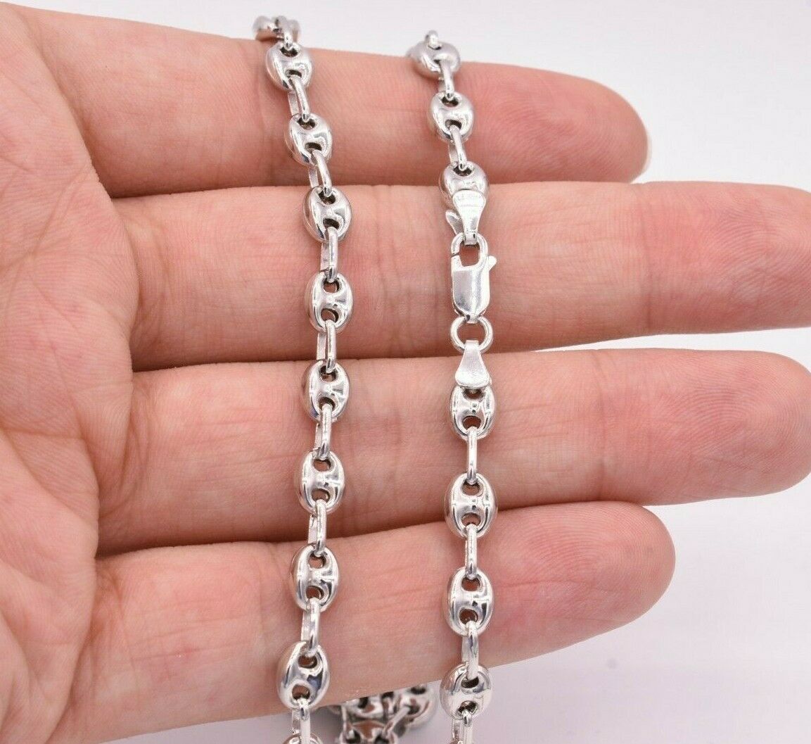 6mm Puffed Gucci Anchor Mariner Chain Necklace Real 14K White Gold-Plated Silver