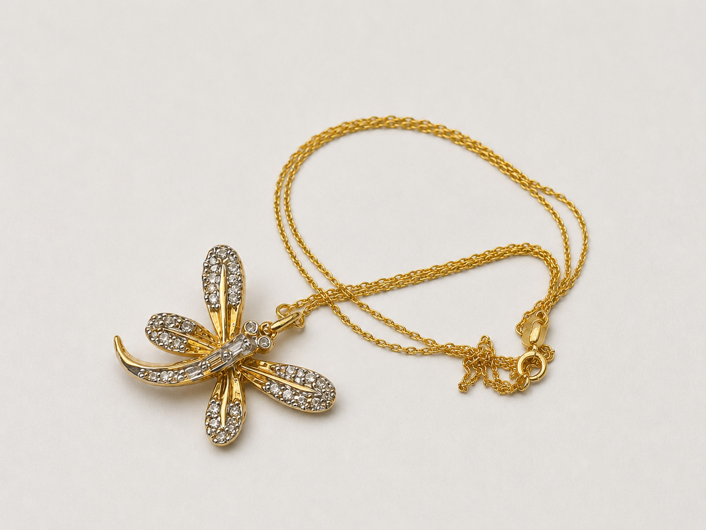 10K YELLOW GOLD DIAMOND 7/10th INCH DRAGONFLY PENDANT NECKLACE 18 INCH