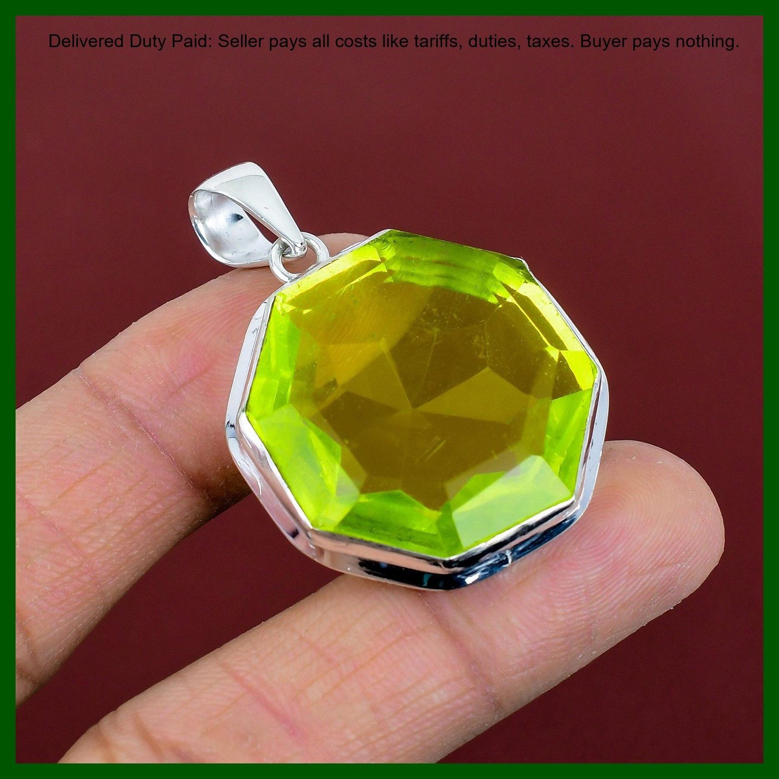 925 Silver Natural Lemon Topaz Bezel Art Deco Unique Engagement Birthday Pendant