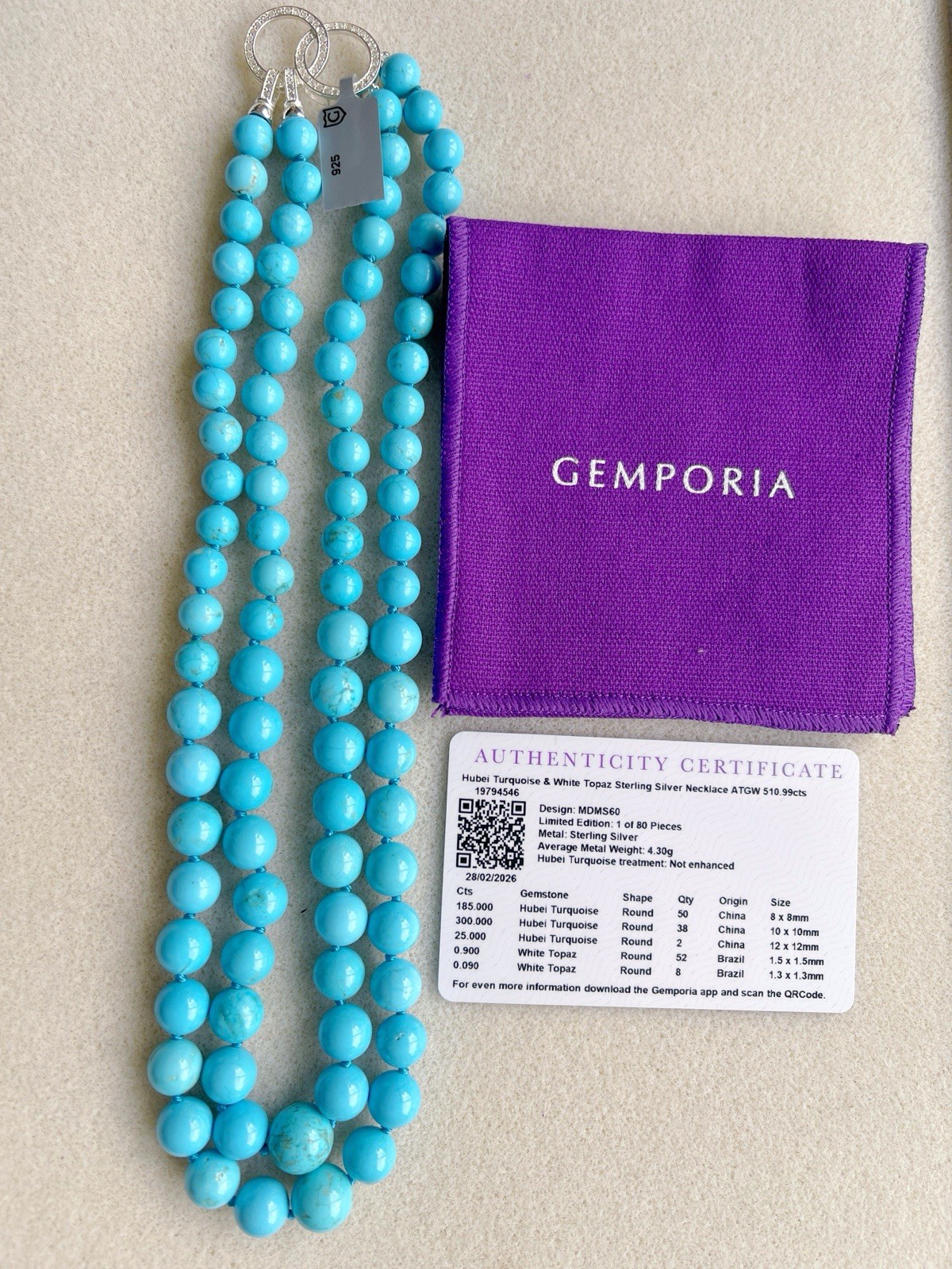 Gemporia Rare Find ~Not Enhanced~ Hubei Turquoise Necklace Sterling Silver COA