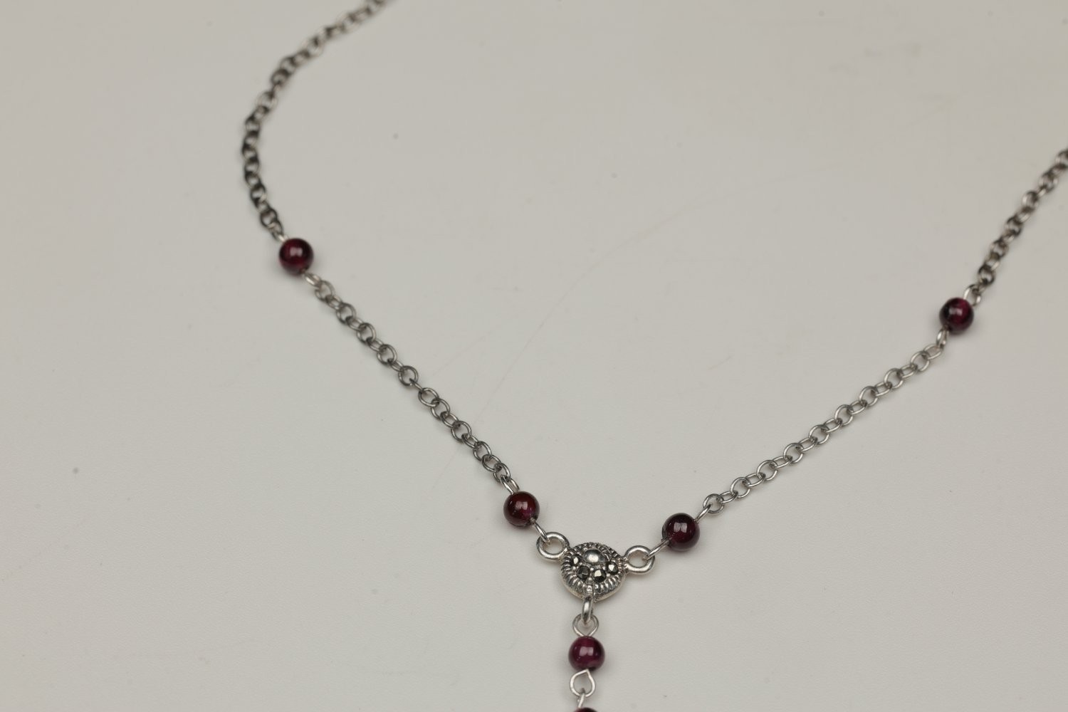 Vintage 925 Sterling Silver Marcasite Garnet Beaded Y-Drop Pendant Necklace 25g