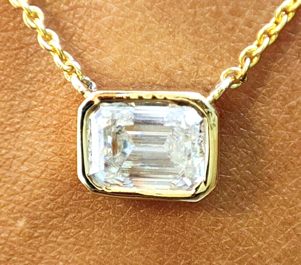 2.00 Ct East-West Emerald Moissanite Solitaire Bezel Set Pendant 14k Yellow Gold