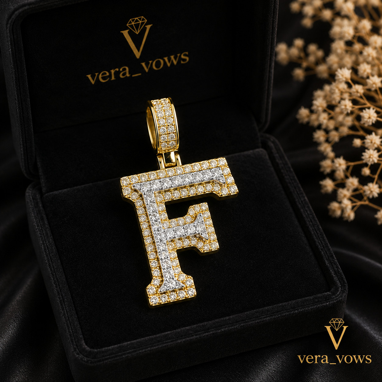Initial “F” Letter Round Moissanite Lab-Created 14K Yellow Gold Plated Pendant