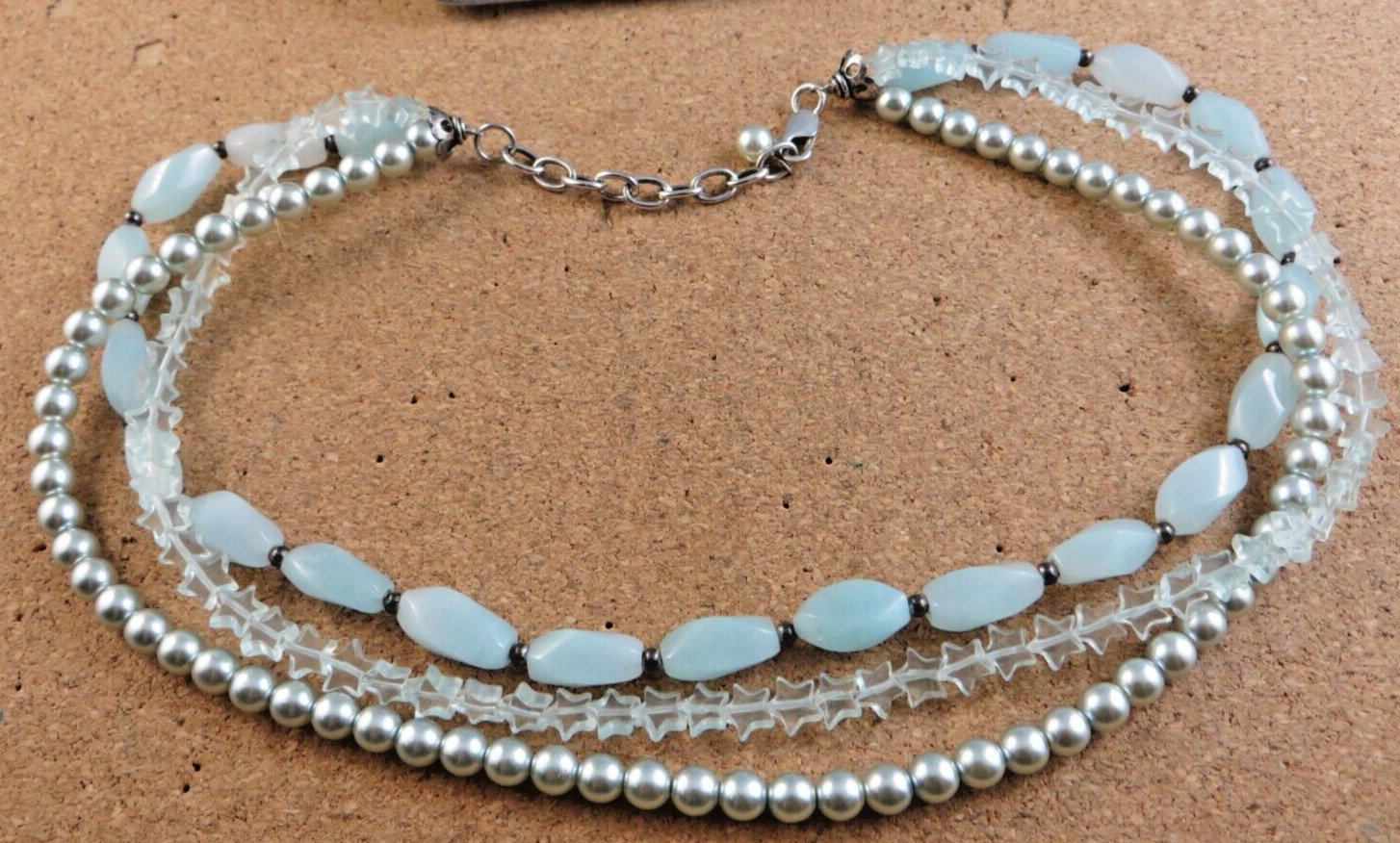 Opaque Aquamarine Triple Strand Necklace Sterling Silver LOBSTER Clasp #201