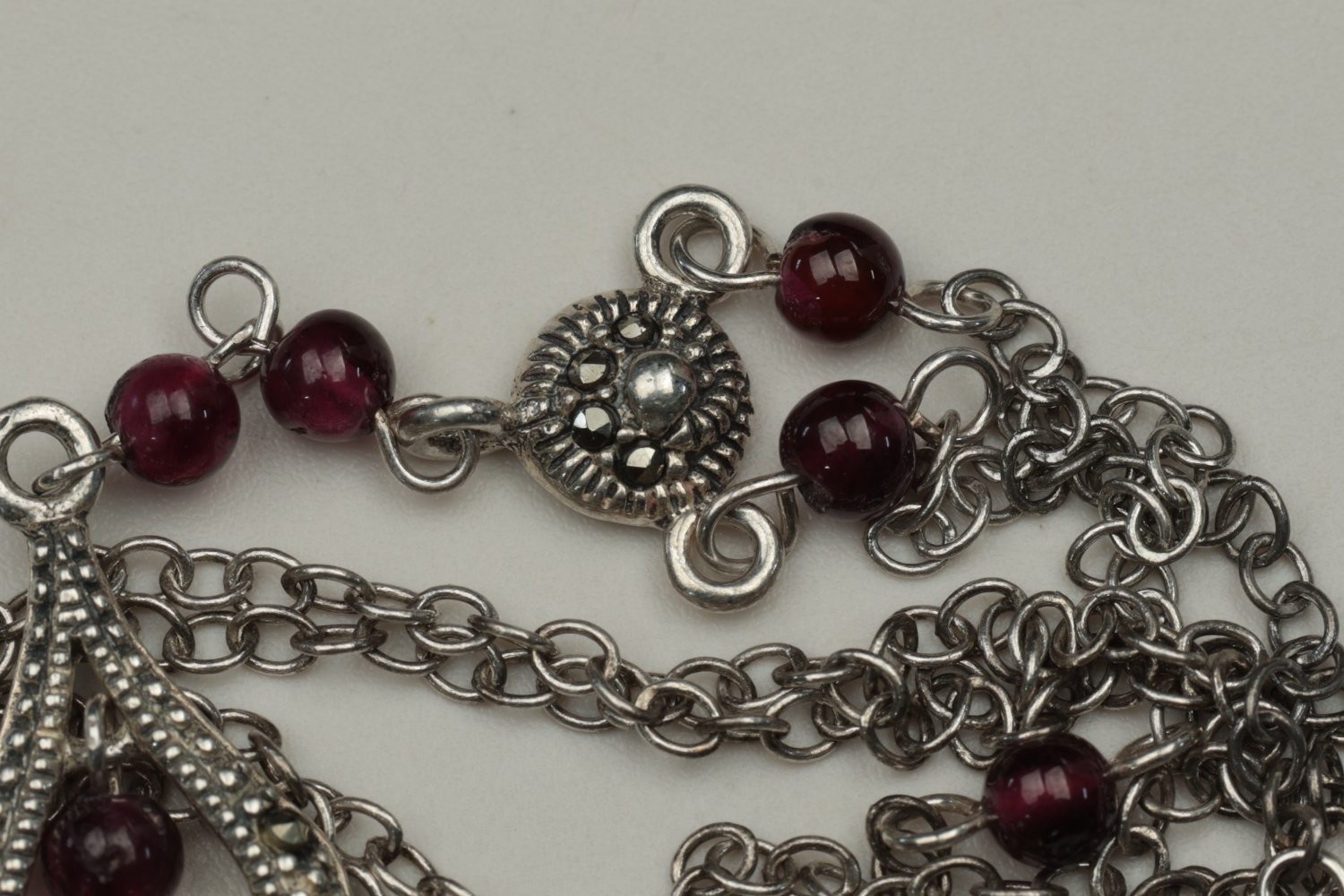 Vintage 925 Sterling Silver Marcasite Garnet Beaded Y-Drop Pendant Necklace 25g
