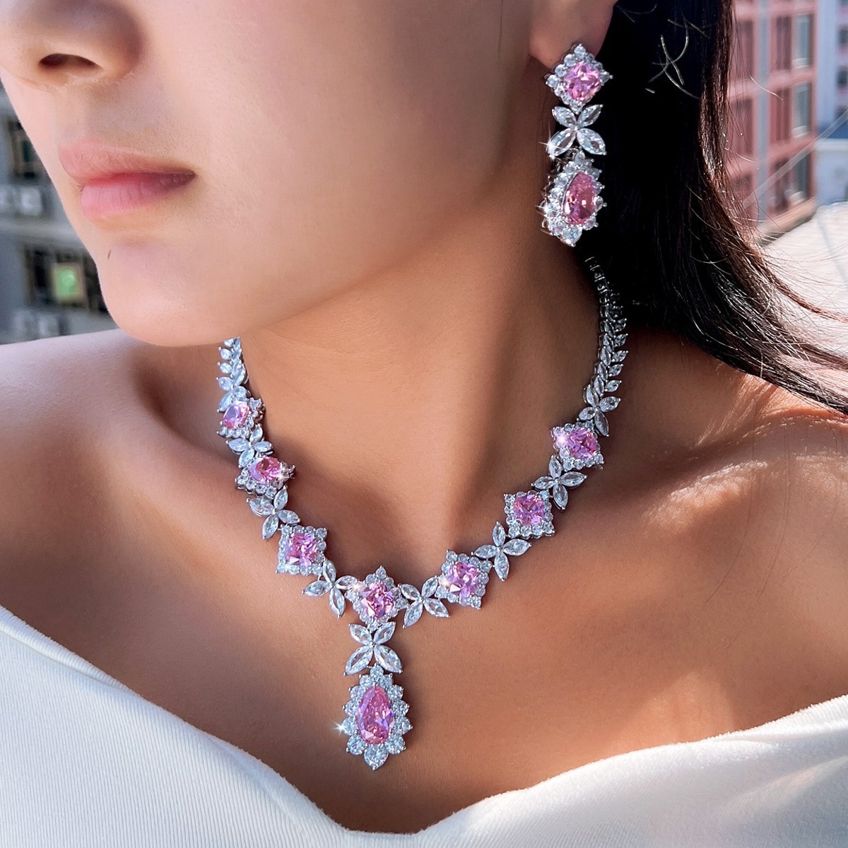 Pink Sapphire Crystal Necklace & Earrings Set Silver Tone Bridal Statement Jew