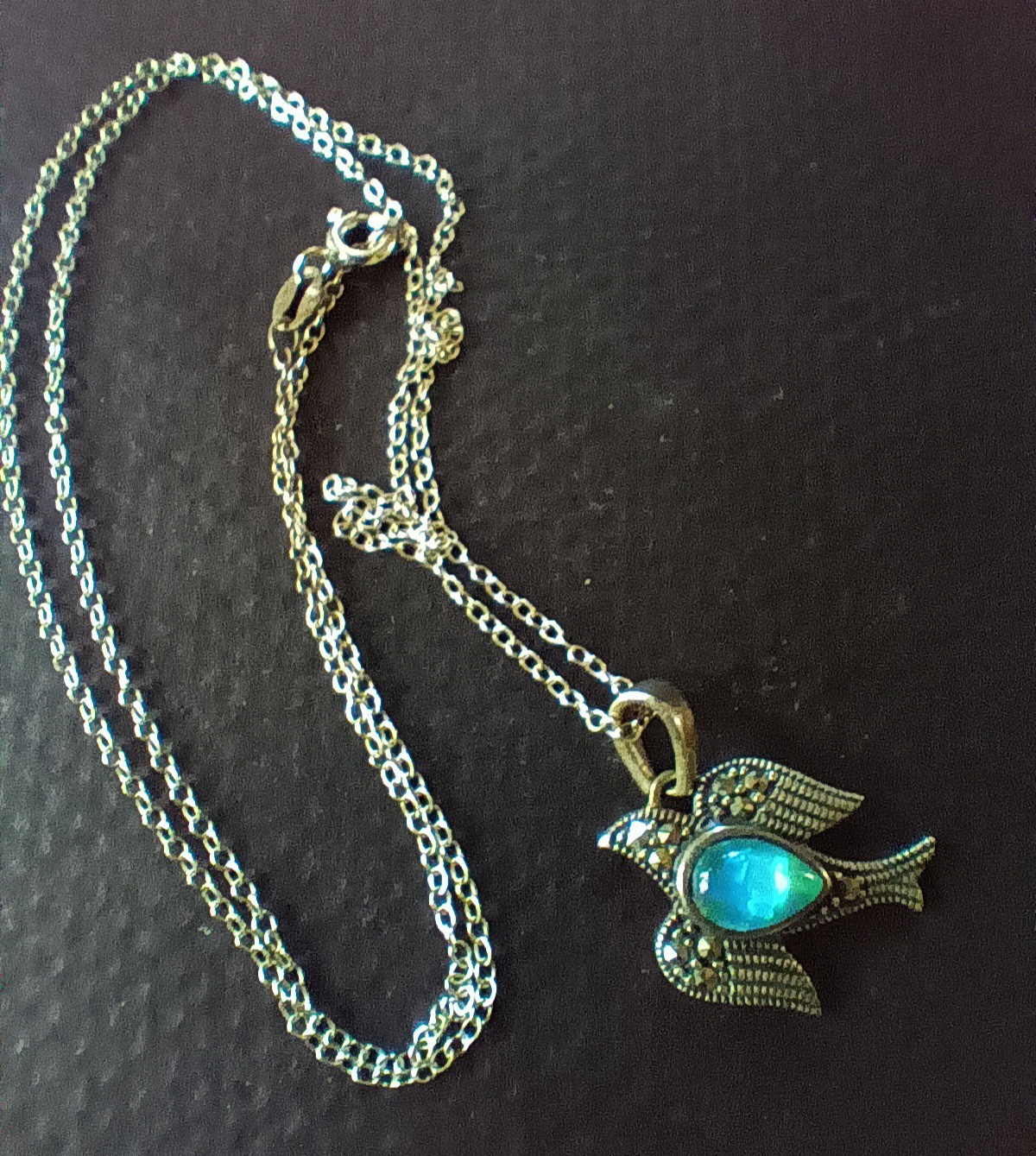 Sterling Dove Pendant W/Synthetic Opal & Marcasite On 18” Sterling Necklace