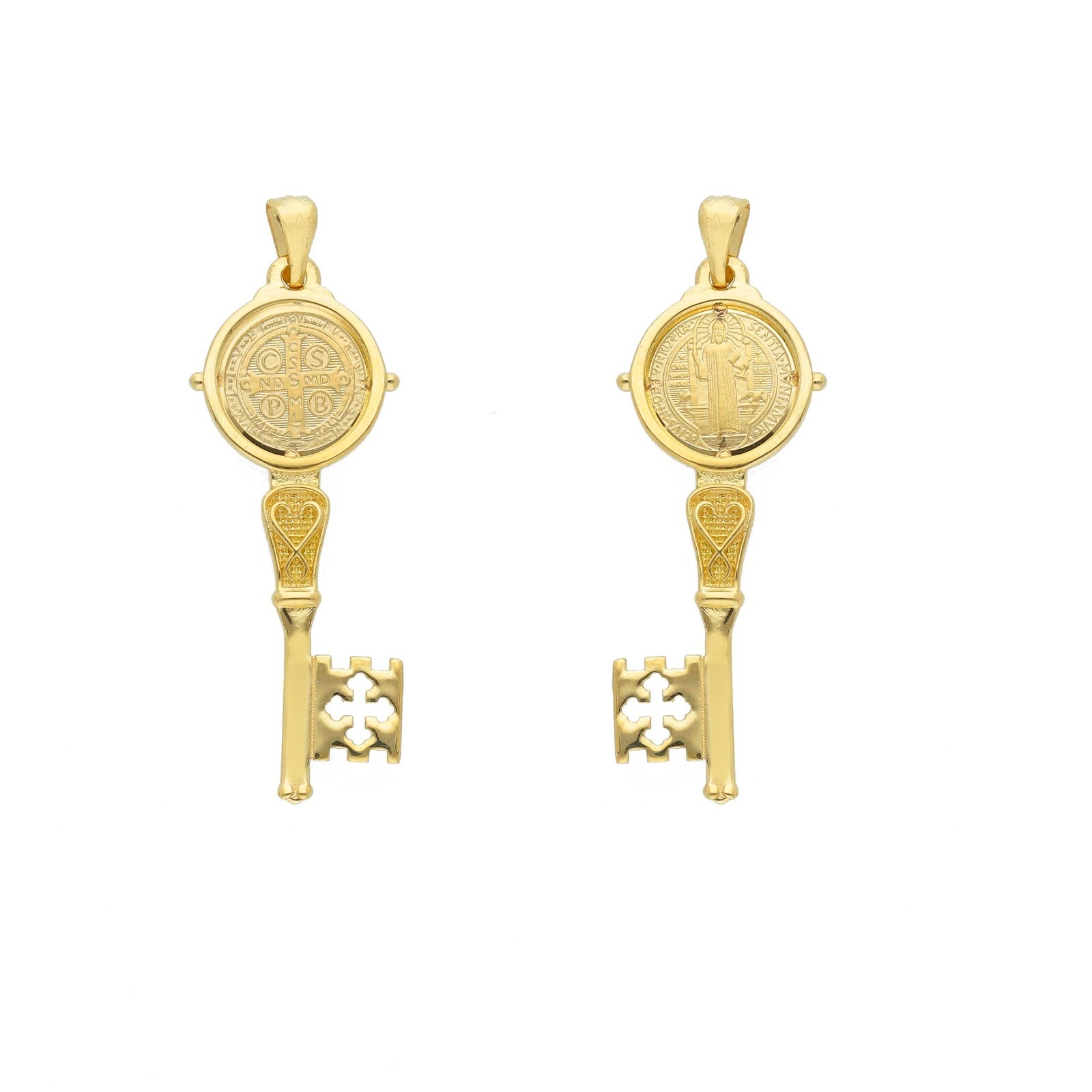 SOLID 18K YELLOW GOLD KEY PENDANT, SAINT BENEDICT MEDAL, CROSS, 1.4 INCHES