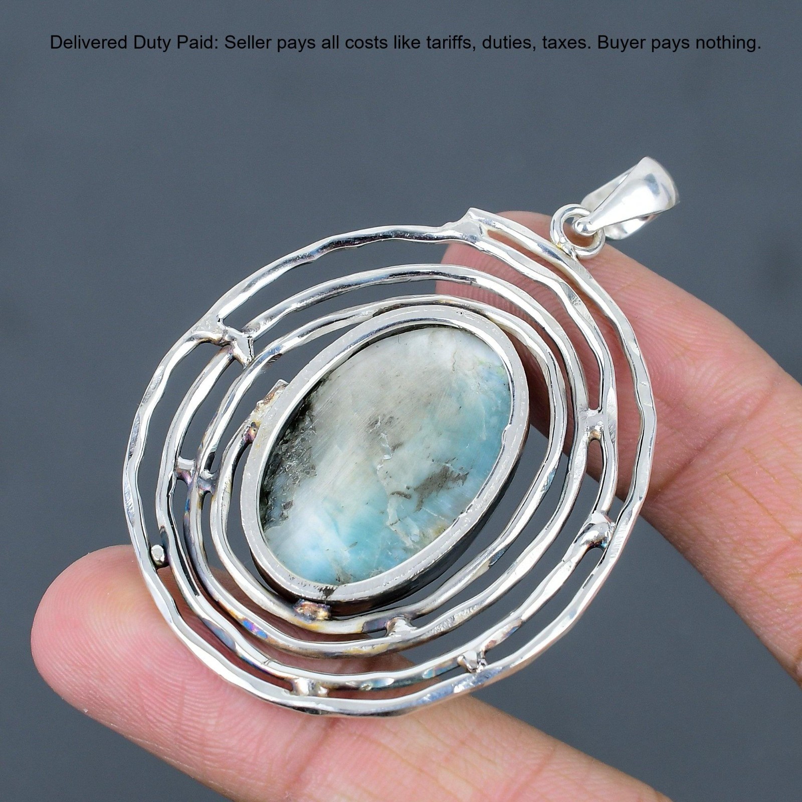 925 Sterling Silver Oval Larimar Gemstone Throat Chakra Birthday Sister Pendant