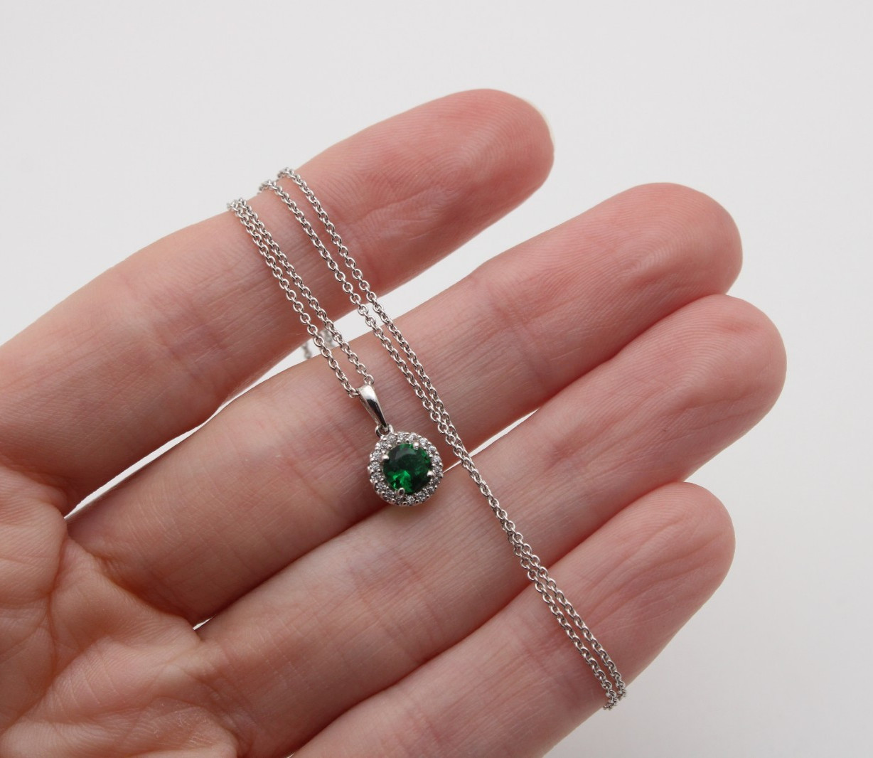 925 Sterling Silver KA1772 Sparkling Pave Green Stone Halo Chain Necklace