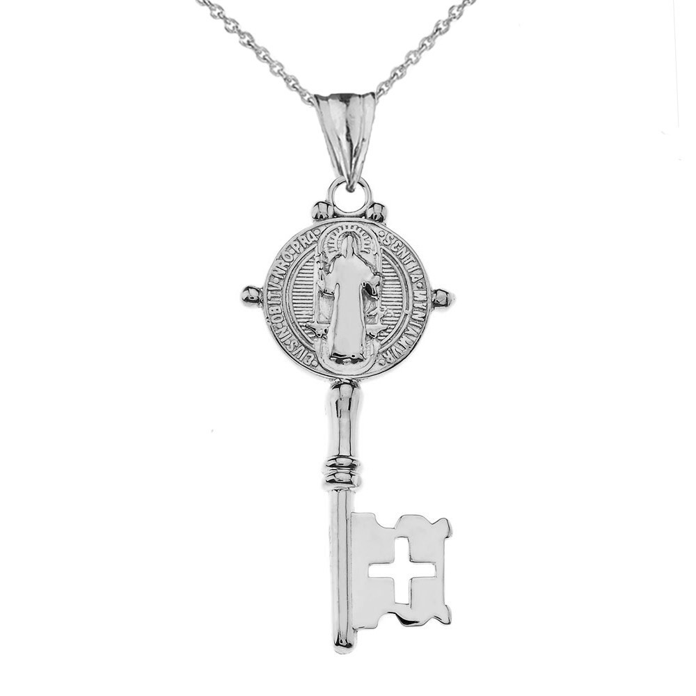 Gold Saint Benedict Double Sided Cross Key Pendant Necklace