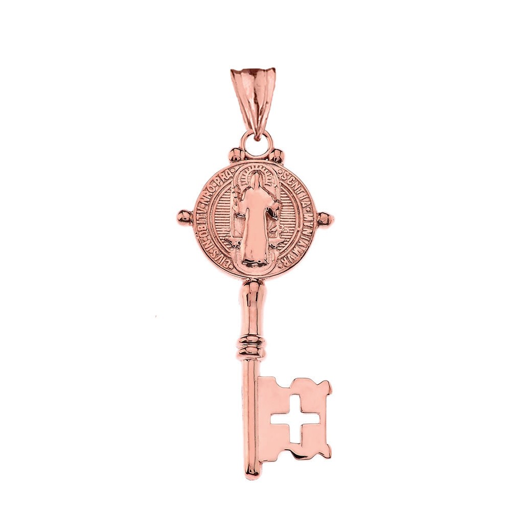 Gold Saint Benedict Double Sided Cross Key Pendant Necklace