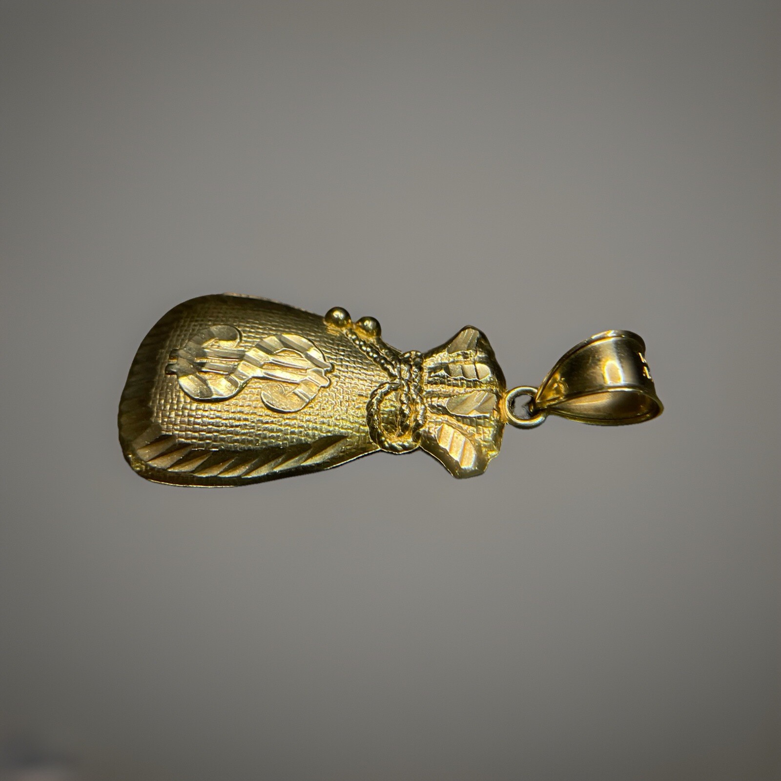 10K Solid Yellow Gold Dollar Sign Diamond Cut Lucky Money Bag Charm Pendant 4.6g