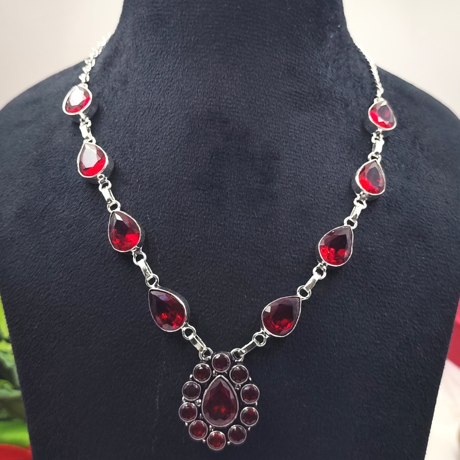 Red Garnet Gemstone Handmade 925 Sterling Silver Jewelry Necklace Size-17-18″