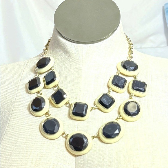 Gold-Tone Double Strand Black Stone cream Statement Necklace 18″ 1″ extension