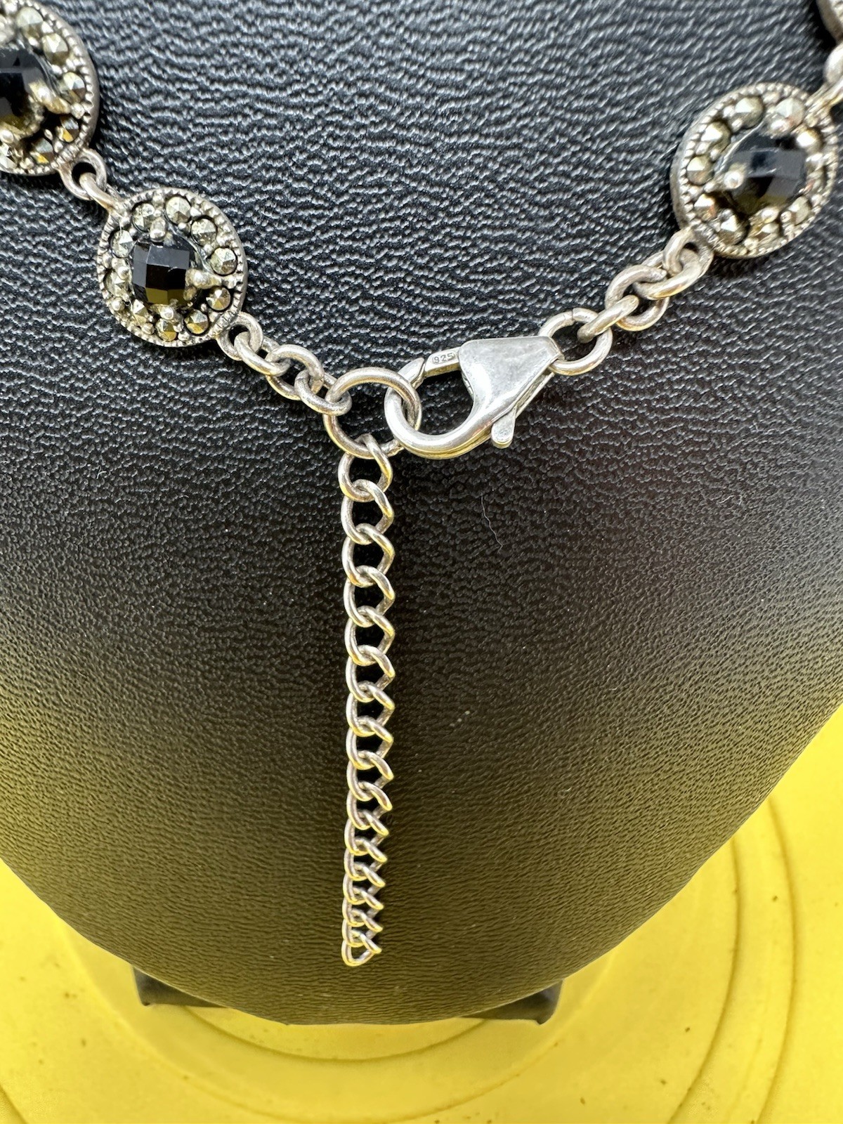 Sterling Silver Onyx & Marcasite Y-Drop Choker Necklace Modern Elegant 47g 17”+