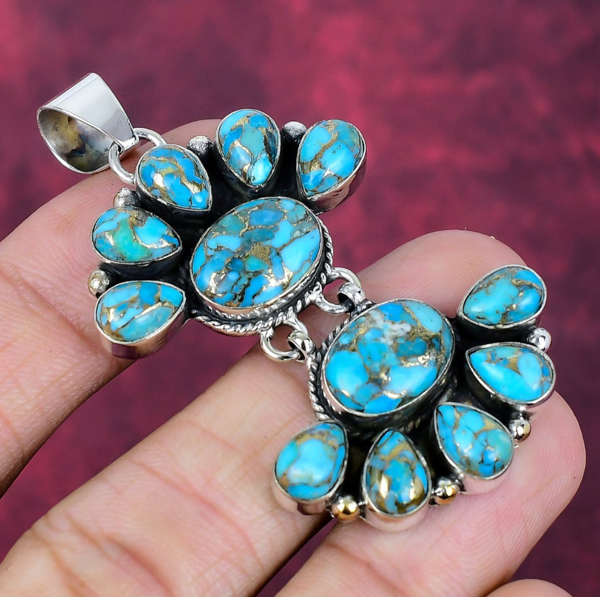 Blue Copper Turquoise Gemstone Handmade 925 Sterling Silver Jewelry Pendant