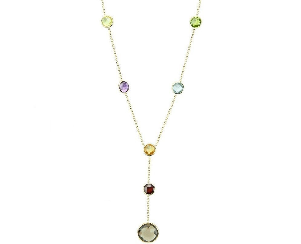 14K Yellow Gold Fancy Cut Gemstones Necklace With A Drop 16 Inches