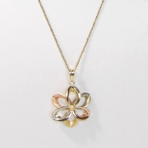 10k GCJ Yellow & Rose & White Gold Tri-Color Flower Pendant 18″ Necklace Italy