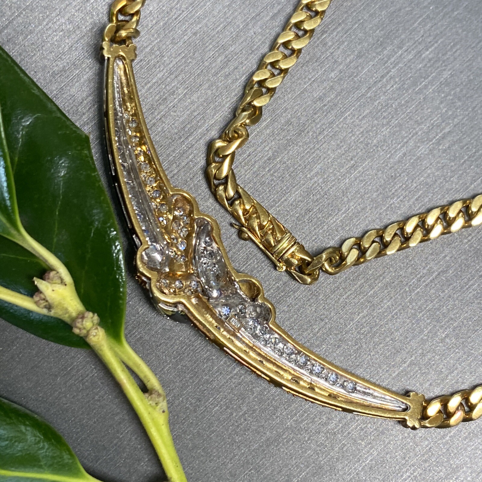18K Yellow White Gold Diamond Love Knot X Crescent Vintage Cuban Chain Necklace