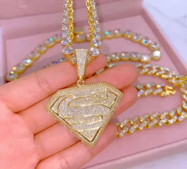 14k Yellow Gold Plated Men’s Round Cut 3Ct Moissanite Custom Superman Pendant