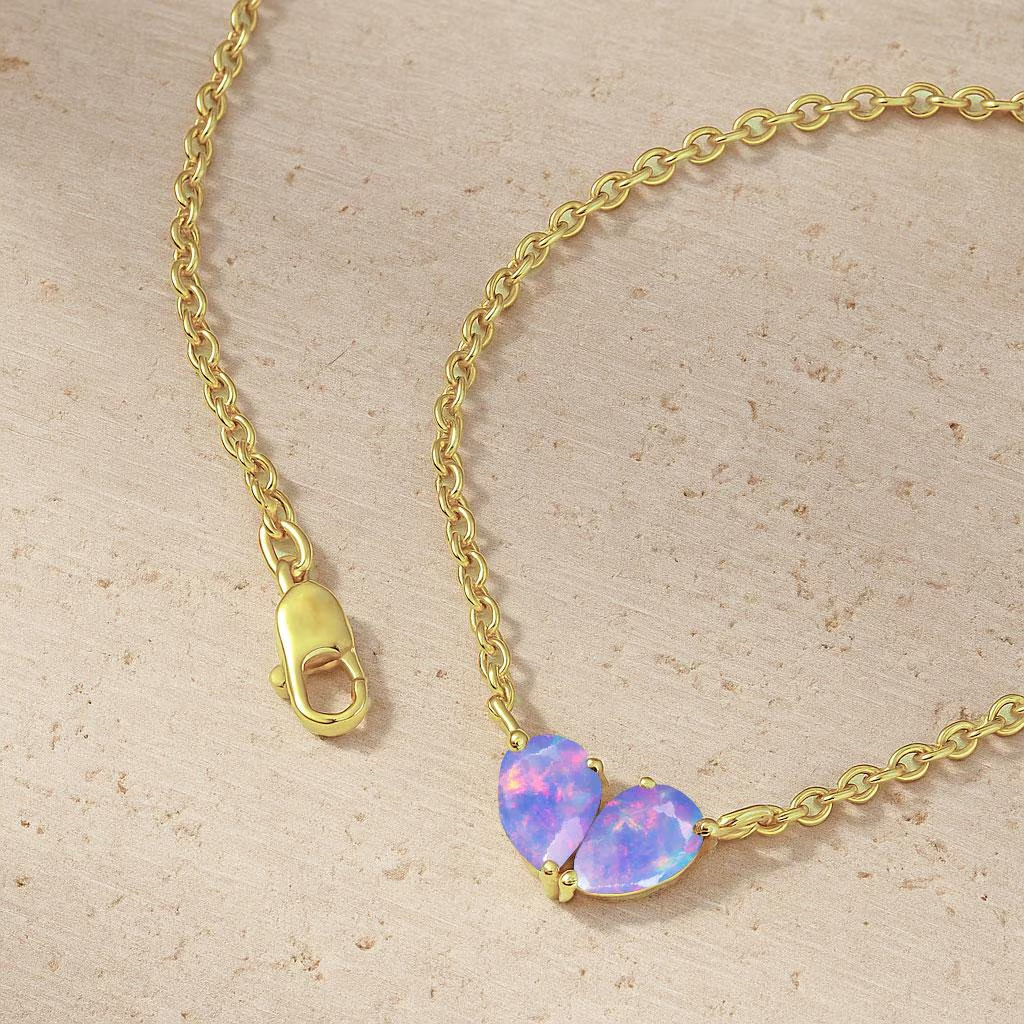 Lavender Opal Dual Pear Gemstone Necklace, Genuine Opal Chain Pendant Necklace