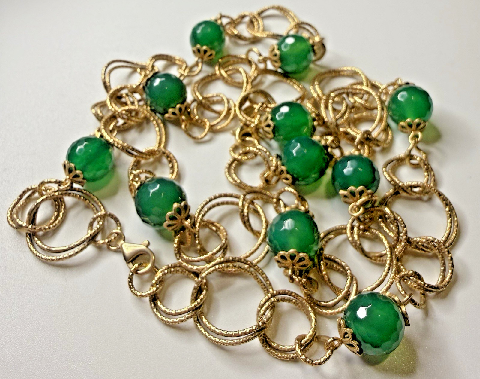 OT Turkey Gold Vermeil over Sterling Silver 925 Link Green Beads Necklace 26″