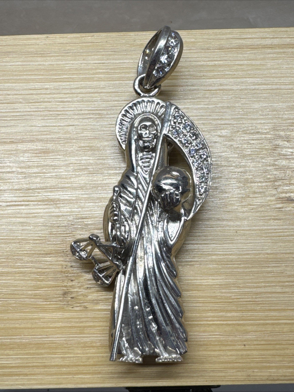 Sterling Silver Grim Reaper pendant Dije de la Santa Muerte Plata REAL 925 Cz
