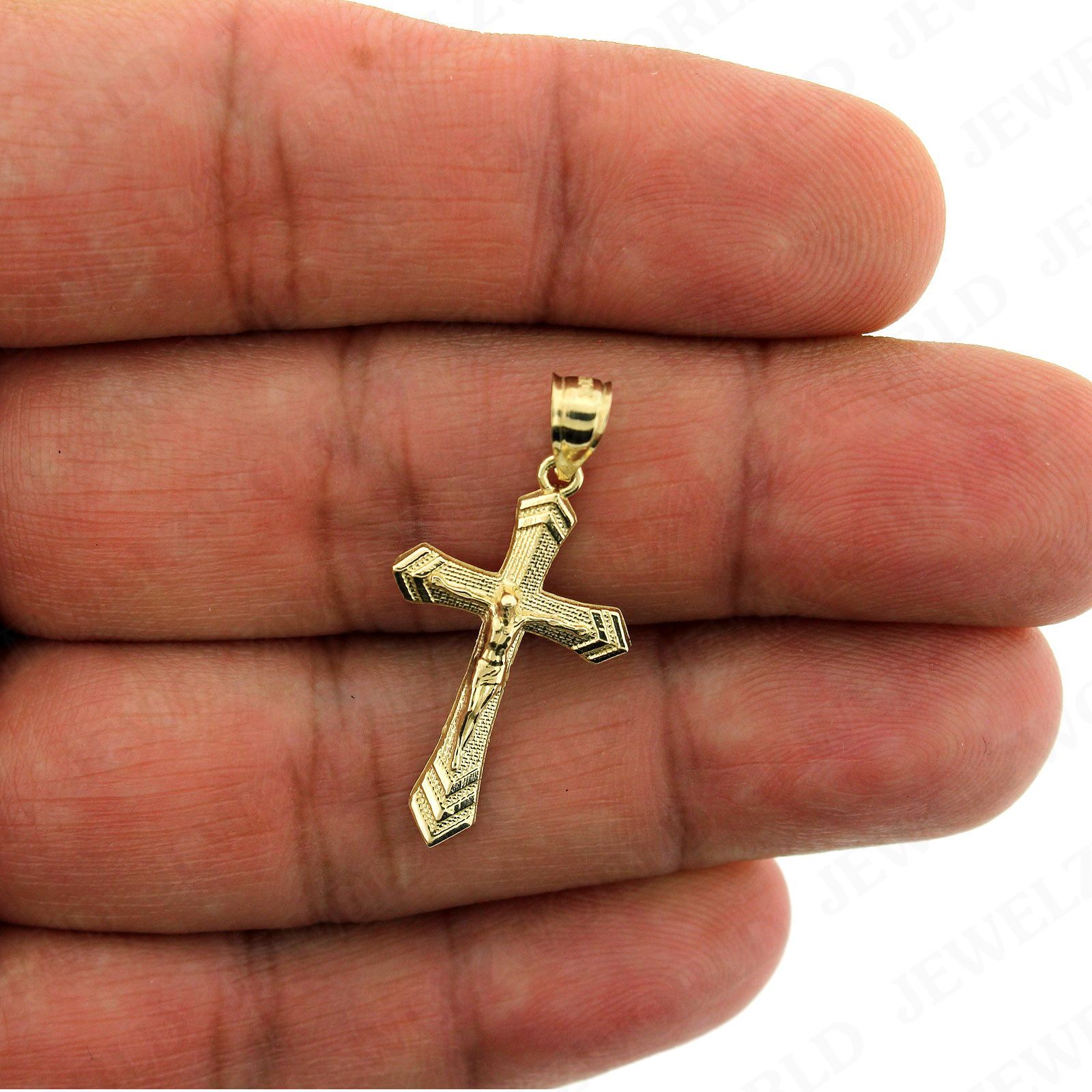 Real 10K Solid Yellow Gold Cross Pendant Diamond Cut Gold Jesus Crucifix Charm