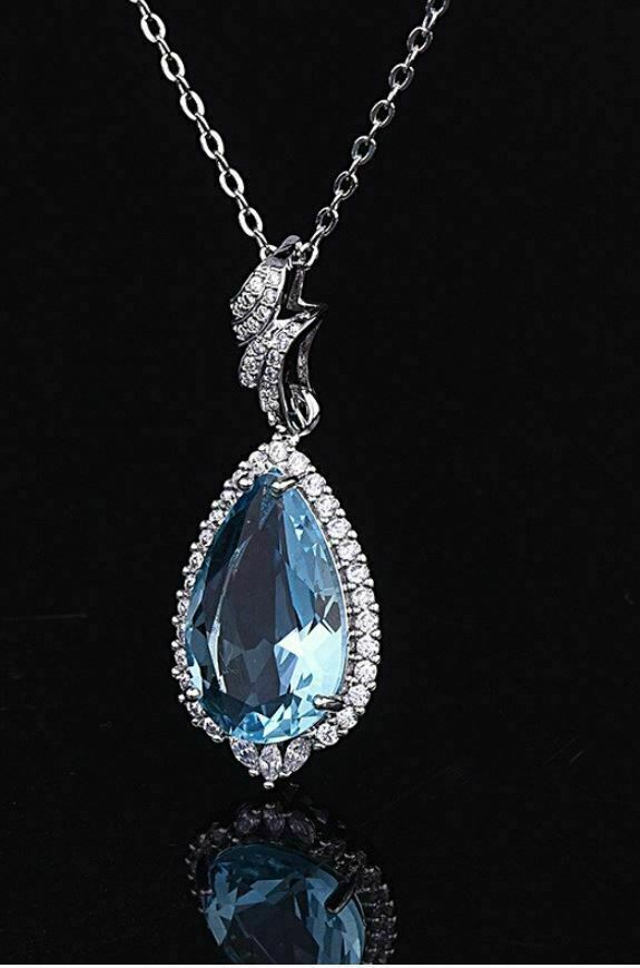 3Ct Pear Cut Aquamarine & Diamond Halo Pendant 14K White Gold Finish Free Chain