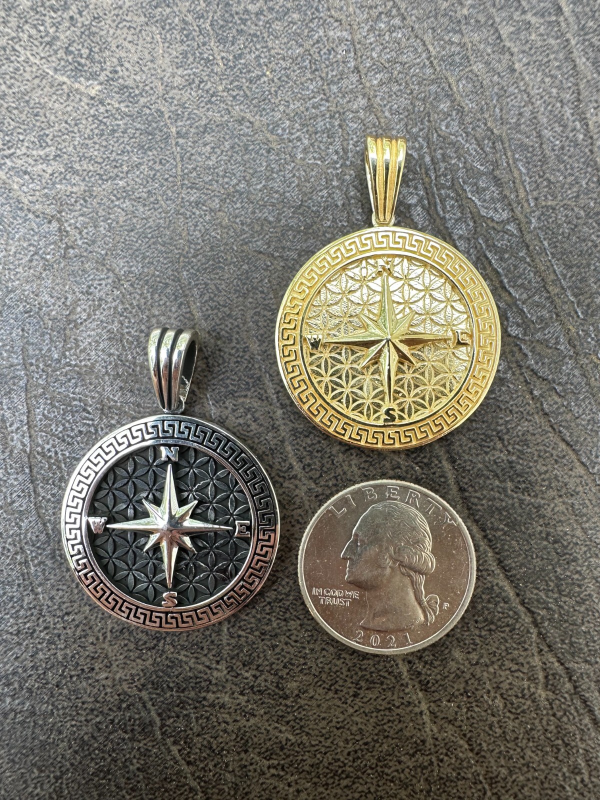 Real 925 Silver / 14k Gold Plated North Star Compass Medallion Pendant Necklace