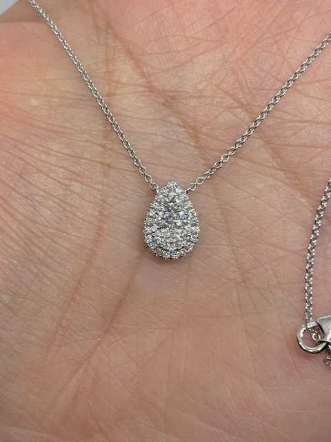Real Moissanite 1Ct Round Cut Teardrop Pendant 14K White Gold Plated Silver 18′