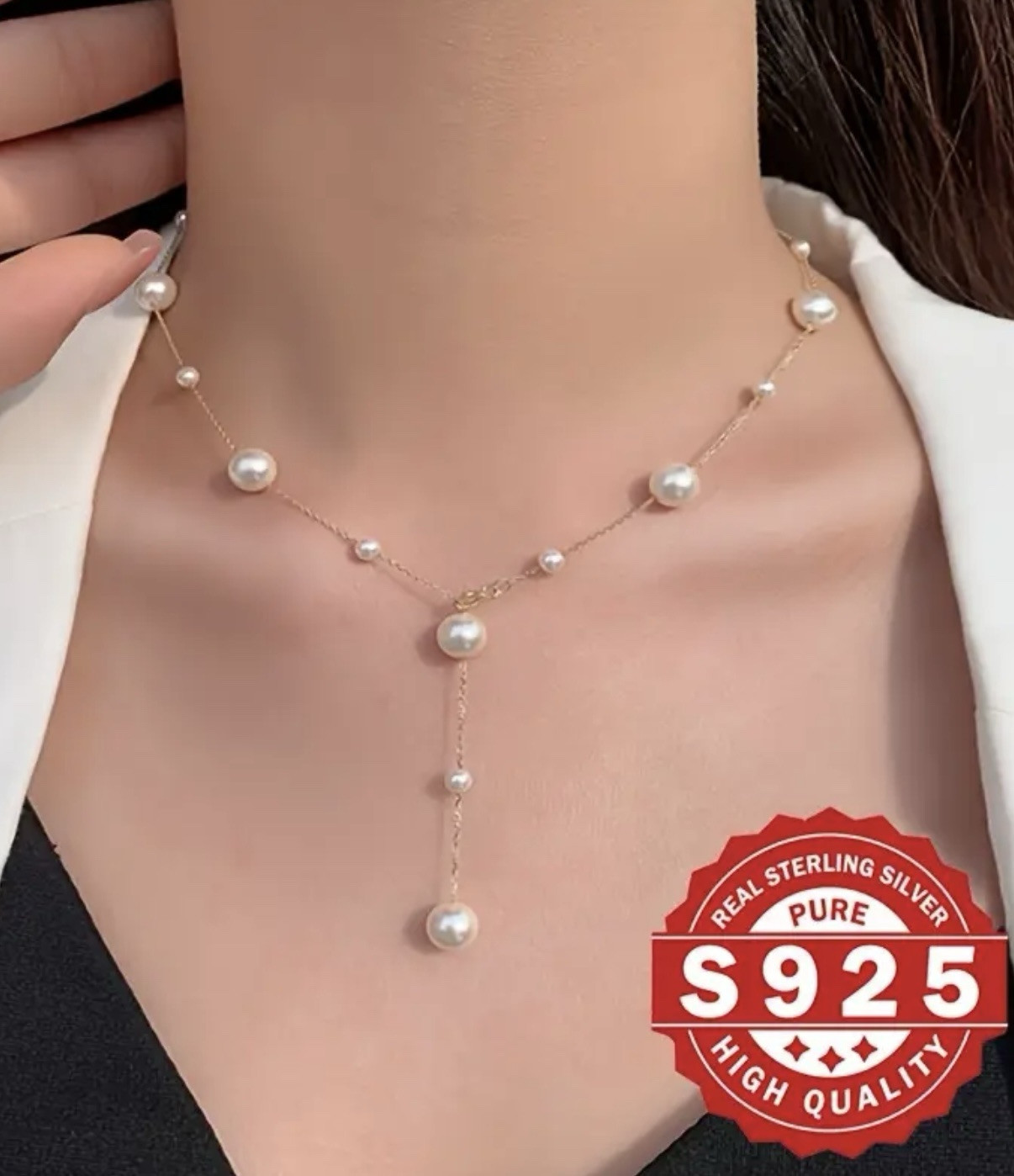 S925 Sterling 18k Gold Plated Chain Pearl Bead Necklace Adjustable K-pop Women