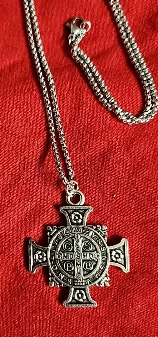 SILVER PLATED SAINT BENEDICT BMedal Cross Pendant on 22 In Chain FREE SHIPPING